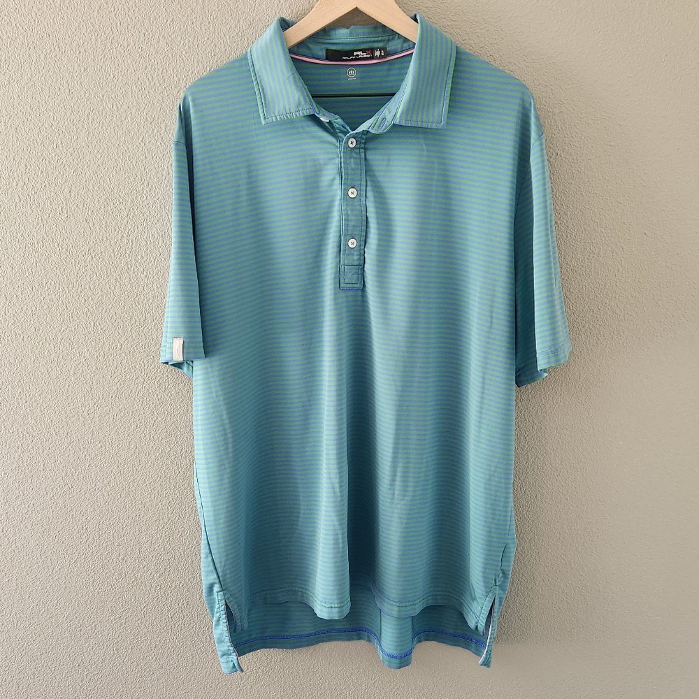 Ralph Lauren RLX Polo Golf Shirt Size XL Performance Blue Green Stipe 4 Button